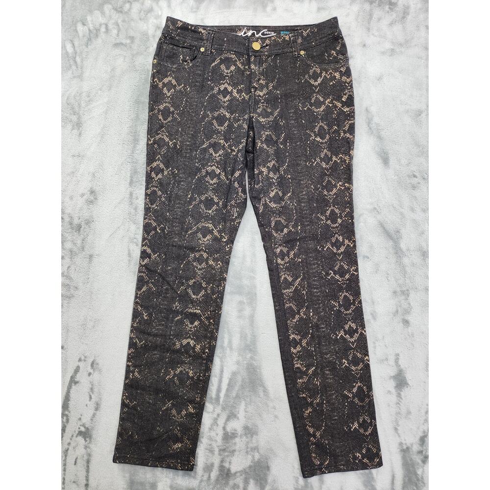 INC Denim Curvy Fit‎ Skinny Leg Snakeskin Print Jeans Size 8 Black Gold Metallic
